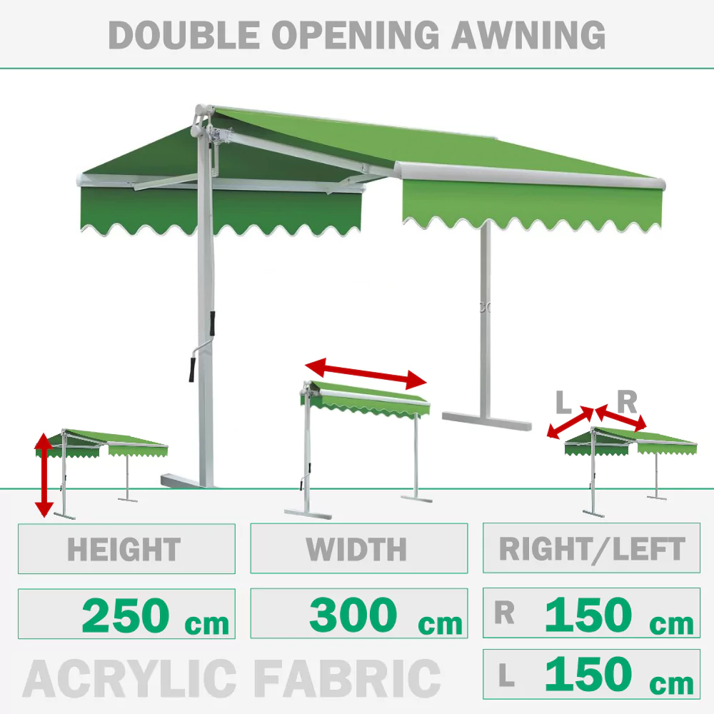 Double opening awning 300x150+150 cm
